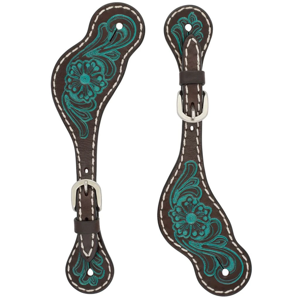 Weaver Leather Spur Straps Carved Flower with Cross Turquoise, 45-0425 3 Weaver Leather Spur Straps Carved Flower with Cross Turquoise, 45-0425